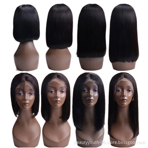 Beauty Youth Short Bob Lace Front Straight Virgin Human Hair Wigs 13x4 Frontal 130% Density Free Part Natural Color
